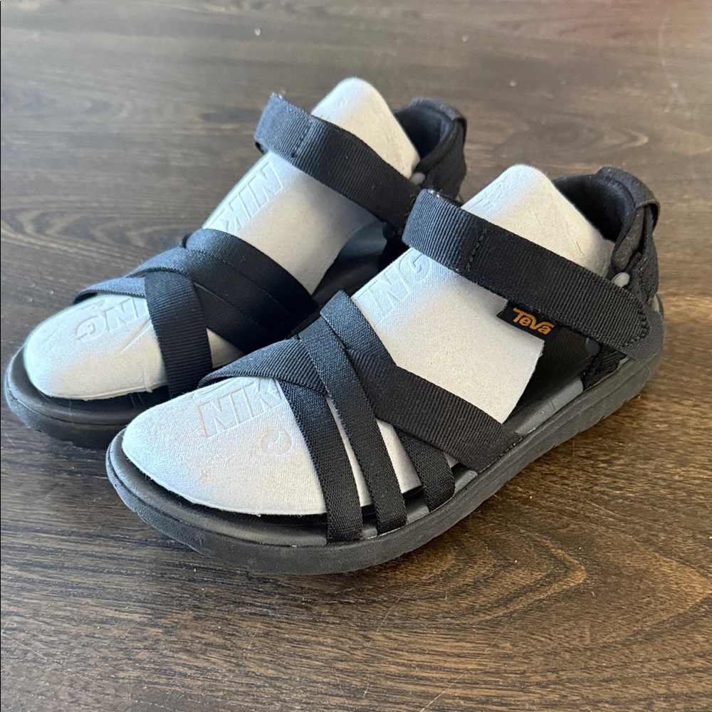 Women’s Teva Black Strappy Sandals with Gray Footbed